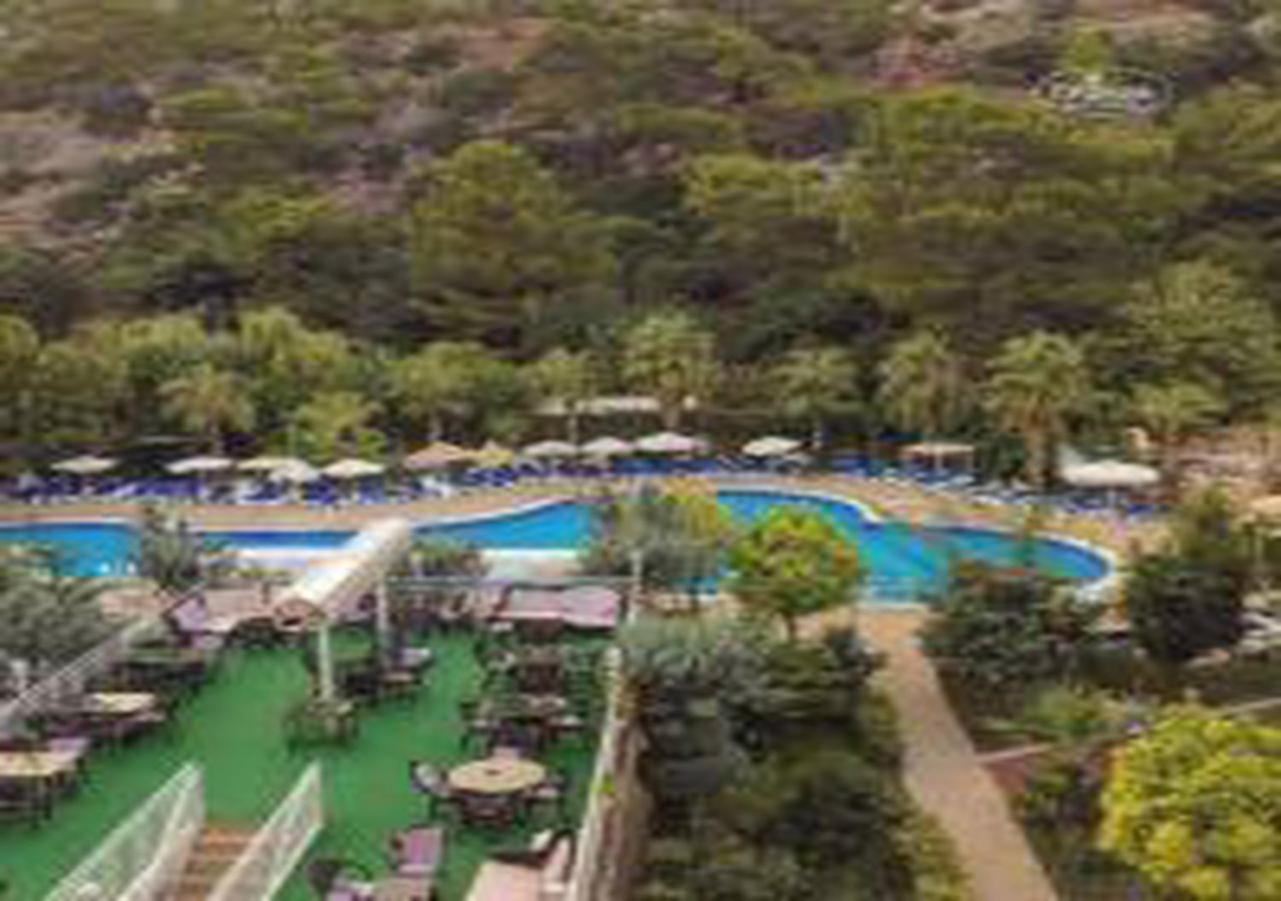 Miramor Hotel & Spa Antália Exterior foto The photo shows a scenic view of a resort area featuring a large swimming pool surrounded by lush greenery and trees. Sun loungers are arranged around the pool, and there are tables visible in a dining area. The pool has a curved shape and is complem